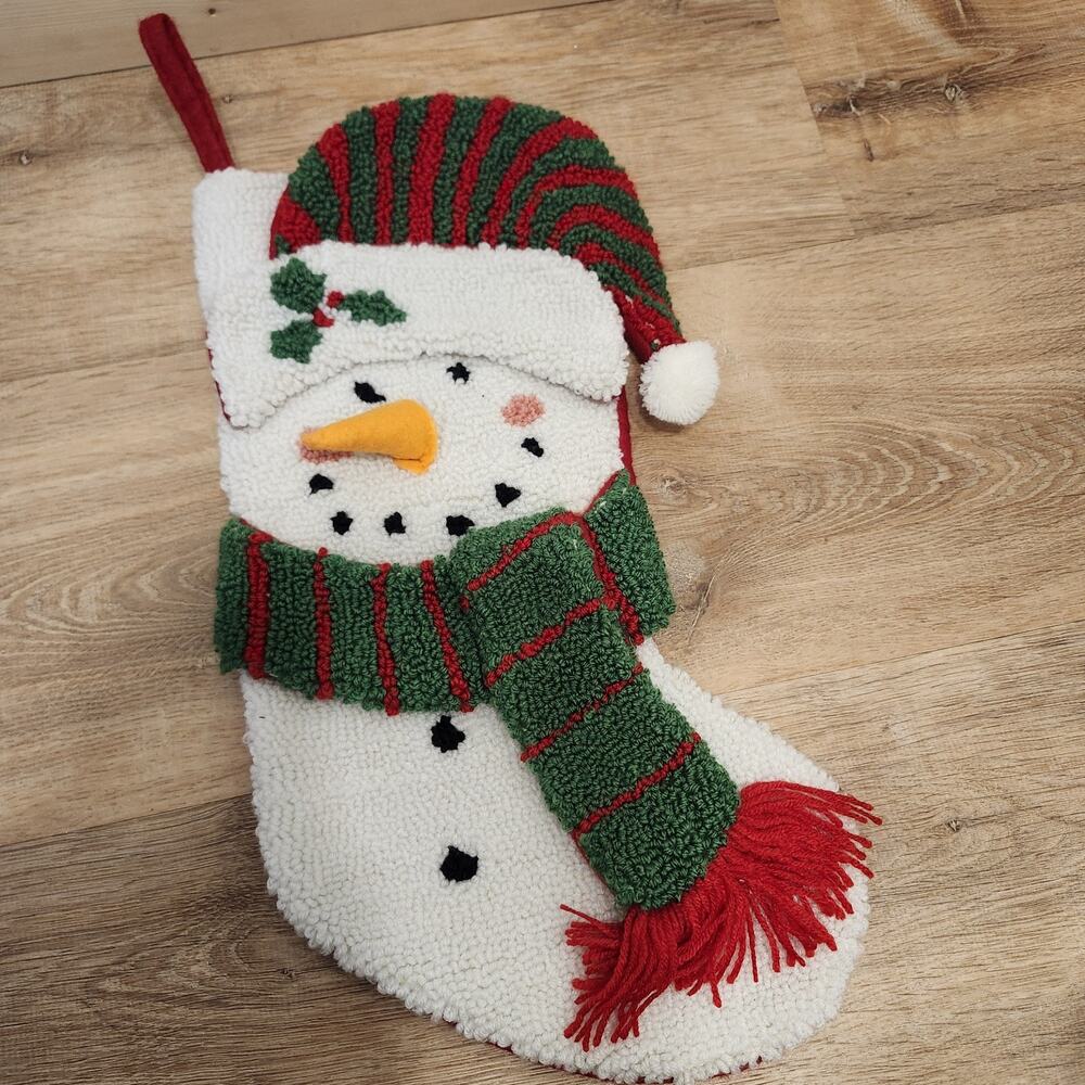 Snowman Christmas Stocking Rug Hook & Loop Carrot Nose Holly Berry 20” 3D Vtg